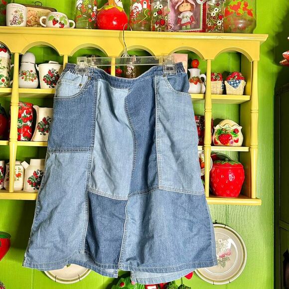 Vintage y2k Blair dark & light blue denim patchwork midi skirt - Picture 3 of 8